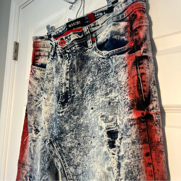 Makobi Jeans Mens 40 X 32 Paint Stroke Shredded Distressed Biker Slim Fit - Picture 7 of 15